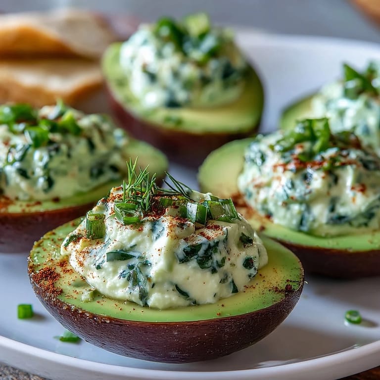Vibrant green avocado filling piped into classic deviled eggs, garnished with dill and chives.