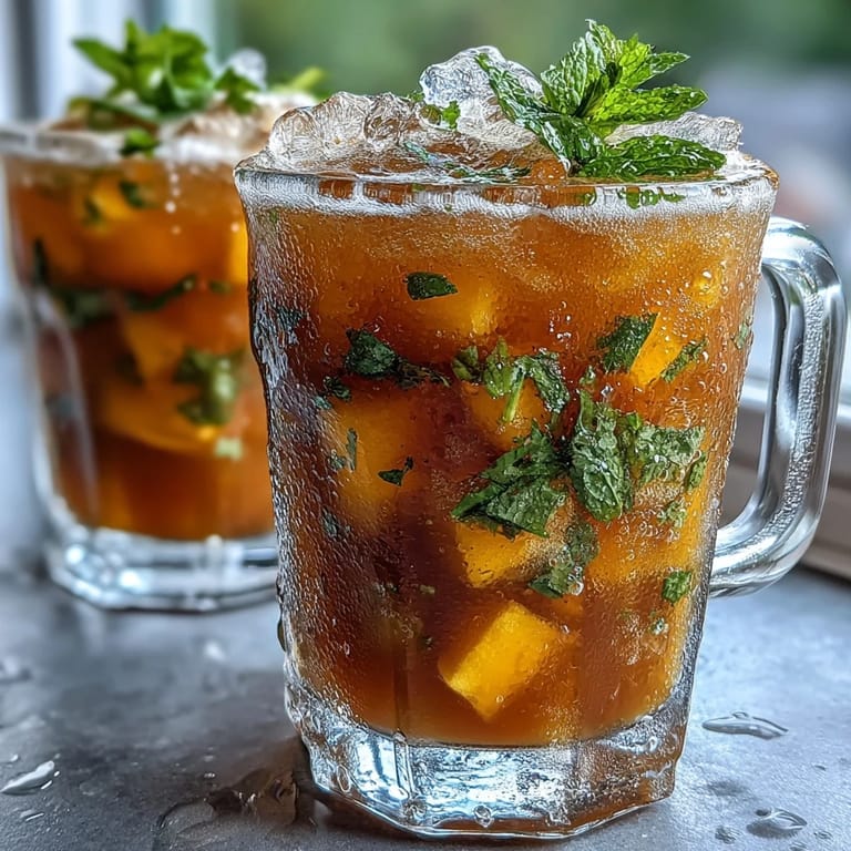 Cold glass of mango peach iced tea, featuring juicy fruit purée, chilled black tea, and aromatic mint leaves.