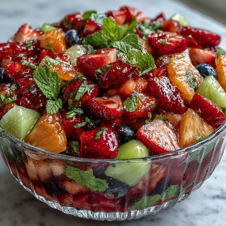 Refreshing strawberry lemonade fruit salad featuring sweet strawberries, pineapple, and grapes, tossed with a tangy citrus glaze and fresh mint.