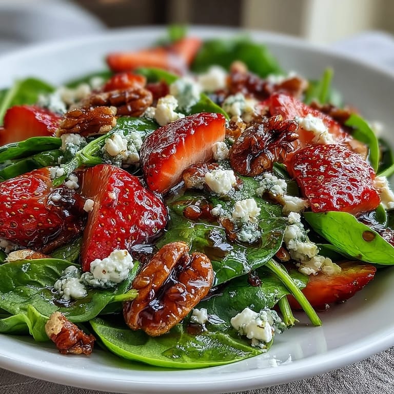 Vibrant strawberry spinach salad with sweet berries, crunchy candied pecans, and tangy balsamic dressing for spring meals.