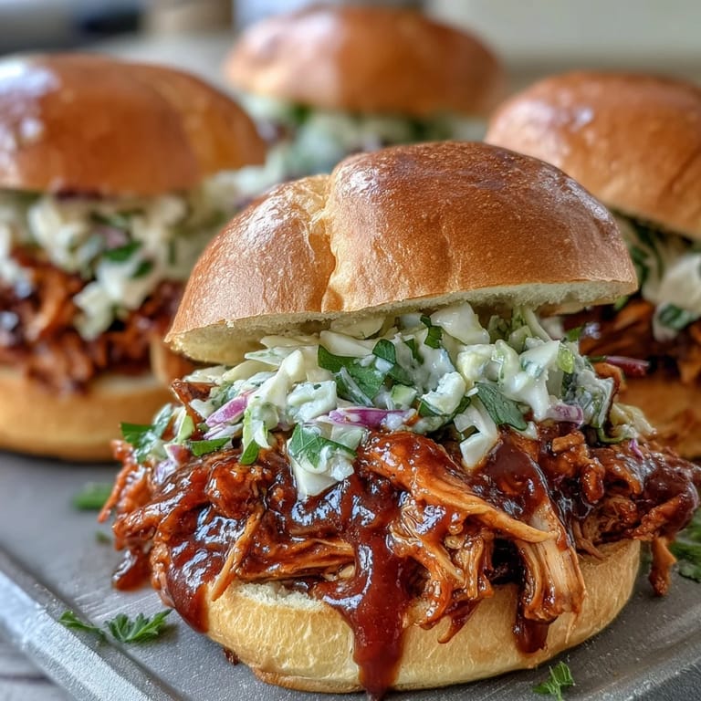 Tender shredded BBQ chicken piled high on toasted buns, topped with crisp coleslaw for a classic American sandwich.