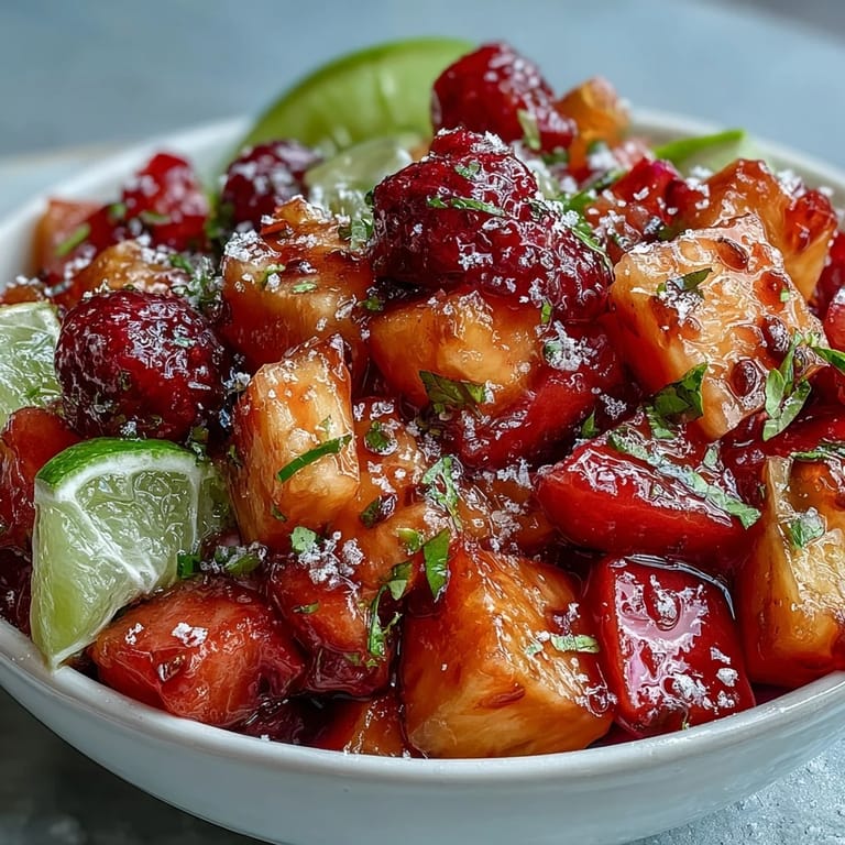 Colorful tropical fruit cups featuring juicy mangoes, pineapple, and watermelon with a tangy lime-chili kick for an easy vegan treat.  