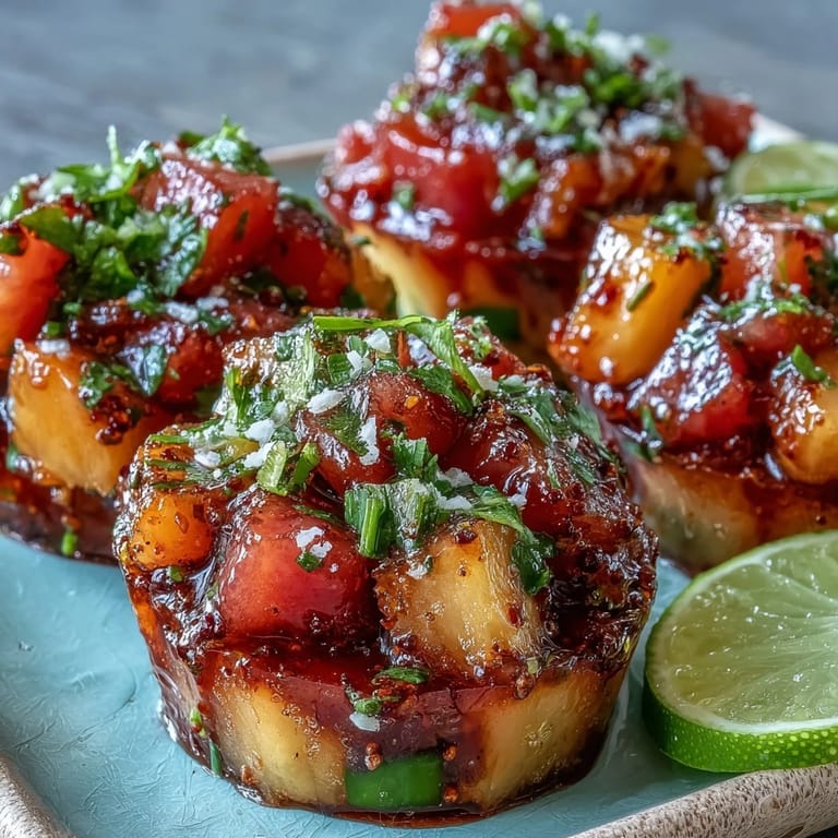Fresh mango and tropical fruit cups tossed with lime juice and chili seasoning, garnished with cilantro for a bold Latin American flavor.