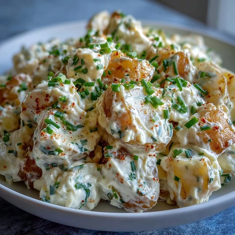 Golden potatoes and hard-boiled eggs mixed with zesty mustard-mayo dressing, garnished with fresh chives and smoked paprika for a classic side dish.
