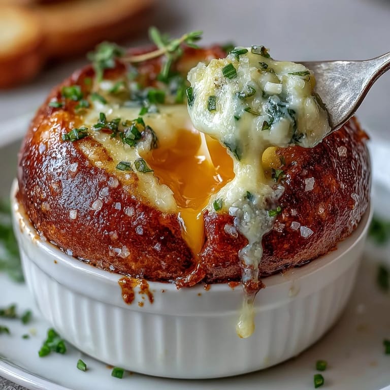 "Individual baked eggs en cocotte with fresh chives, parsley, and thyme, served with crusty bread for dipping."