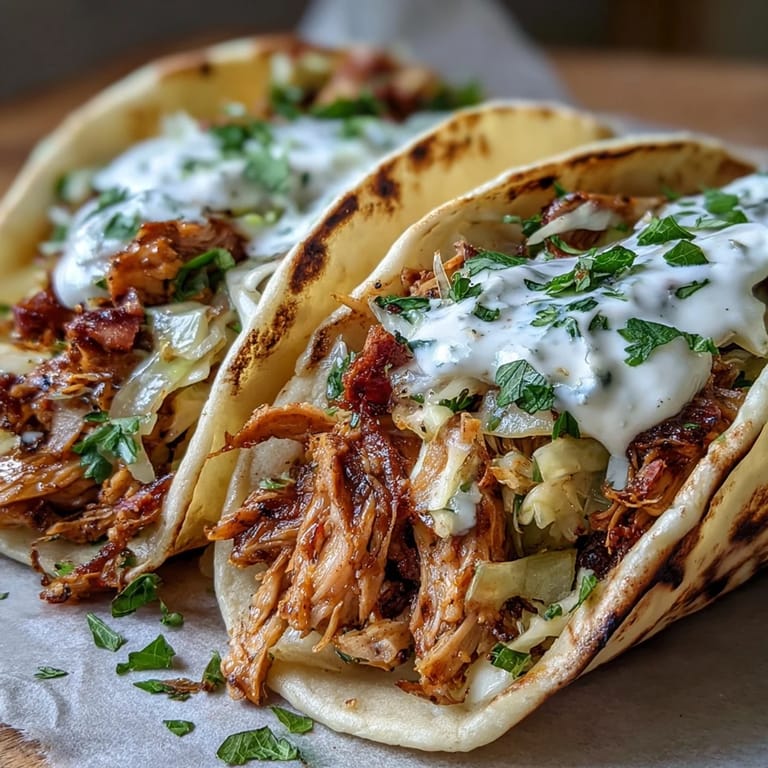 Bright and fresh Roasted Chicken Cabbage Tacos feature marinated cabbage, juicy roasted chicken, and tangy lemon crema for a healthy twist on taco night.