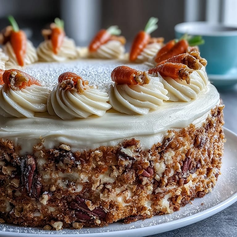 Homemade Easter carrot cake featuring spiced layers, smooth cream cheese frosting, and artistic candied carrot curls for a festive dessert.