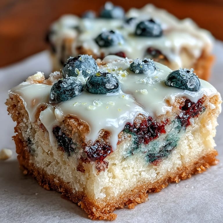 Soft, gooey white chocolate lemon blueberry blondies, studded with fresh fruit, ready to slice.