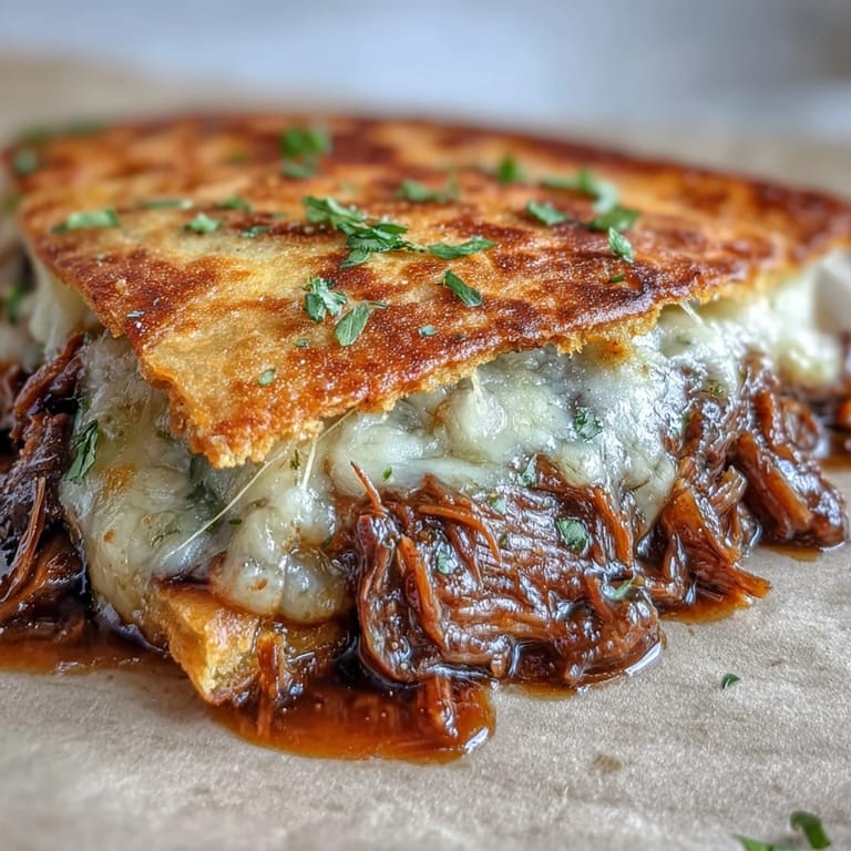 Cheesy, shredded beef birria quesadillas ready for dipping in spicy birria broth.