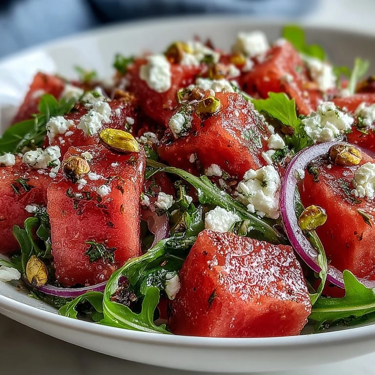 Close-up of sweet watermelon, peppery arugula, and creamy feta salad.