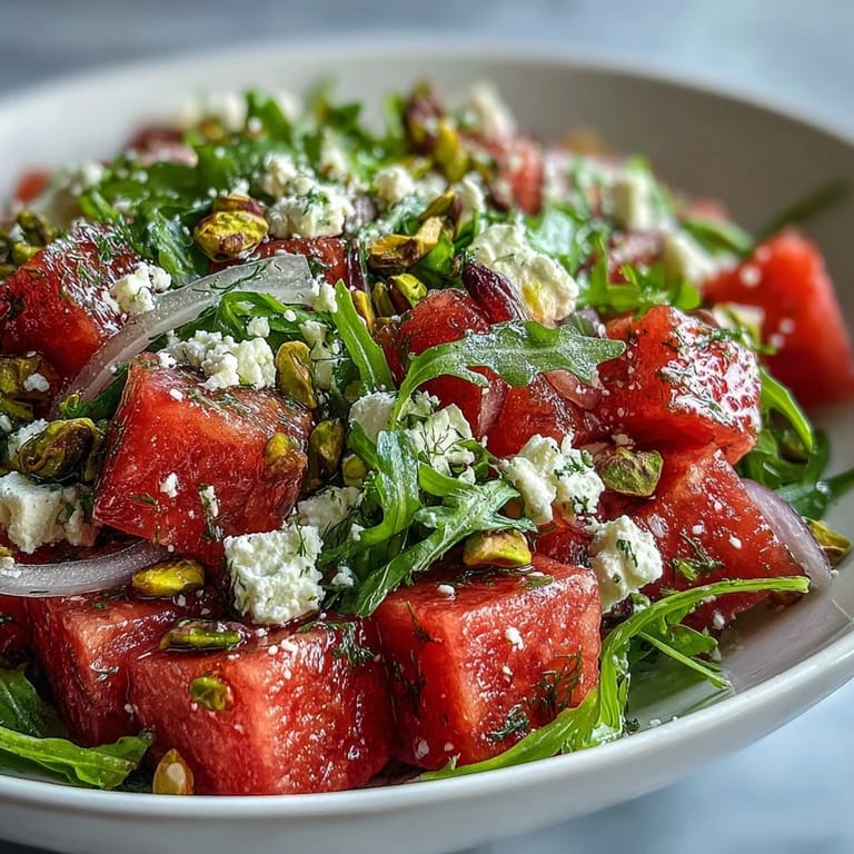Enjoy a refreshing Watermelon Feta Arugula Salad drizzled with balsamic glaze.
