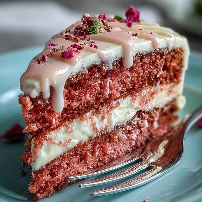 Delicate rosé velvet cake featuring a rich cream cheese filling, finished with a glossy gold drip and smooth pink frosting, ideal for bridal showers and special occasions.