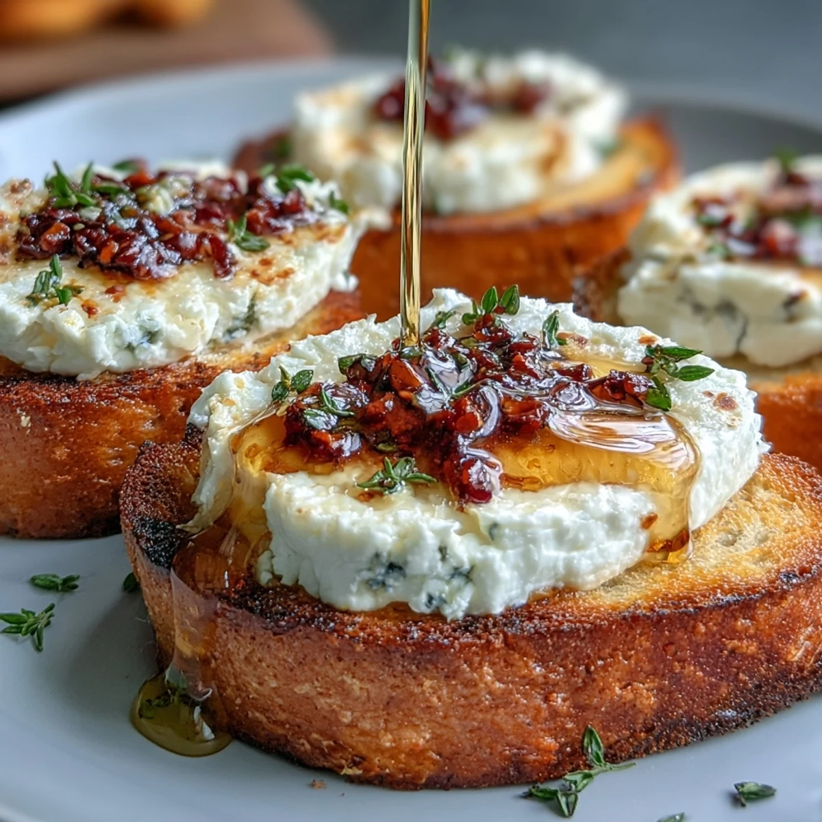 Golden toasted baguette slices piled high with creamy goat cheese, drizzled with shimmering hot honey and fresh chives.
