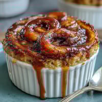 Warm, protein-packed cinnamon swirl banana baked oats topped with Greek yogurt and walnuts, served in a ramekin for a healthy breakfast.