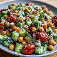 A colorful bowl of easy chickpea cucumber salad with feta and juicy tomatoes, perfect for a quick vegetarian lunch.  