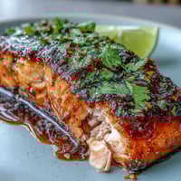 Honey-lime garlic butter baked salmon, glistening with golden glaze and fresh lime slices, served on a white platter for an elegant dinner presentation.