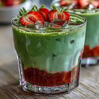 Vibrant iced strawberry matcha latte with creamy milk, fresh strawberry puree, and earthy matcha—refreshing, layered, and perfect for summer sipping.