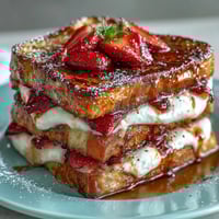 Golden Strawberry French Toast Bake with juicy berries and custard-soaked brioche, baked to perfection and topped with crunchy almonds.