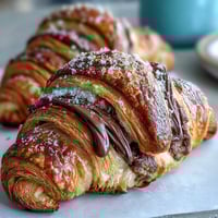 Golden sourdough croissants with dark chocolate filling, flaky and crisp on the outside, soft and buttery inside.  