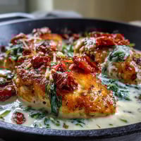 Creamy Tuscan Chicken Skillet with tender chicken in a rich garlic cream sauce, sun-dried tomatoes, and spinach.
