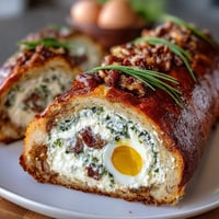 Festive Easter savory pie with hard-boiled eggs and ham in golden puff pastry crust.
