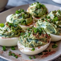 Creamy avocado deviled eggs with fresh herbs, perfect for spring parties and healthy snacking.