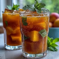 Refreshing mango peach iced tea with mint, served over ice with fresh fruit slices and vibrant mint garnish.