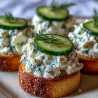 Derby Day Benedictine Cucumber Canapés, a vibrant appetizer with creamy dill spread on crisp baguette.