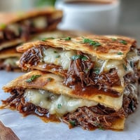 Golden brown Cinco de Mayo Birria Quesadillas with rich, savory consommé dip.