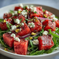 Vibrant Watermelon Feta Arugula Salad with balsamic reduction, a perfect summer dish.
