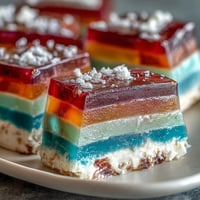 Vibrant Agar-Agar Rainbow Jelly Cake crowned with creamy coconut.